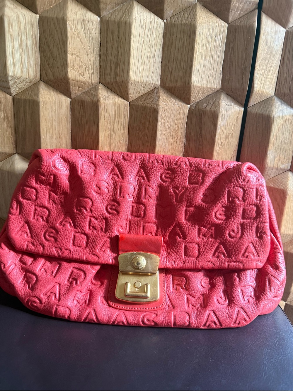 Marc Jacobs Red Embossed Leather Clutch with Gold Turn-Lock